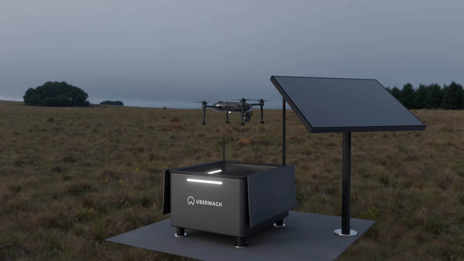 Dron UM-4 despegando de su base autónoma en un campo al amanecer, junto a un panel solar.